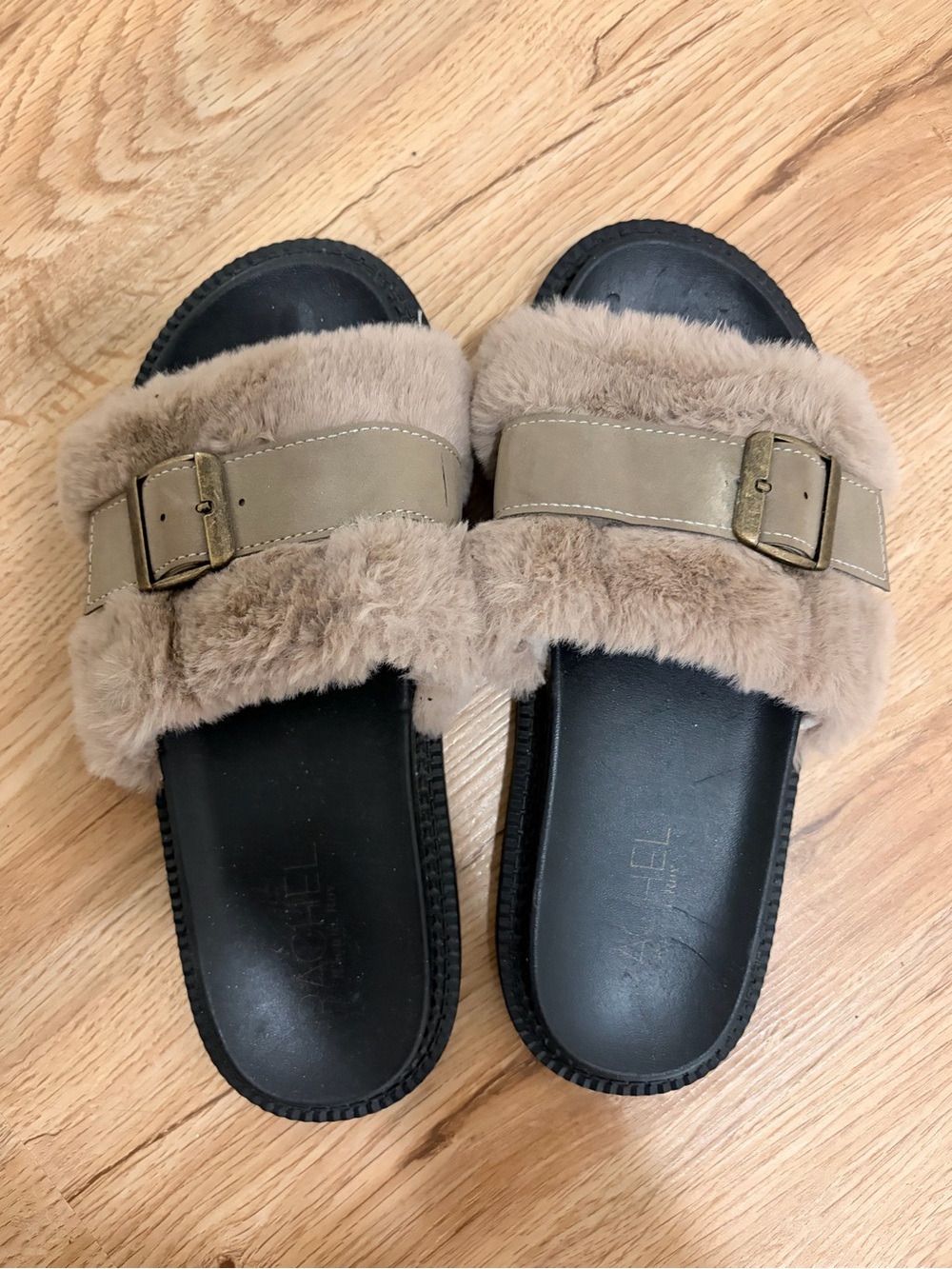 Rachel Zoe Taupe Faux Fur Buckle Slide Sandals